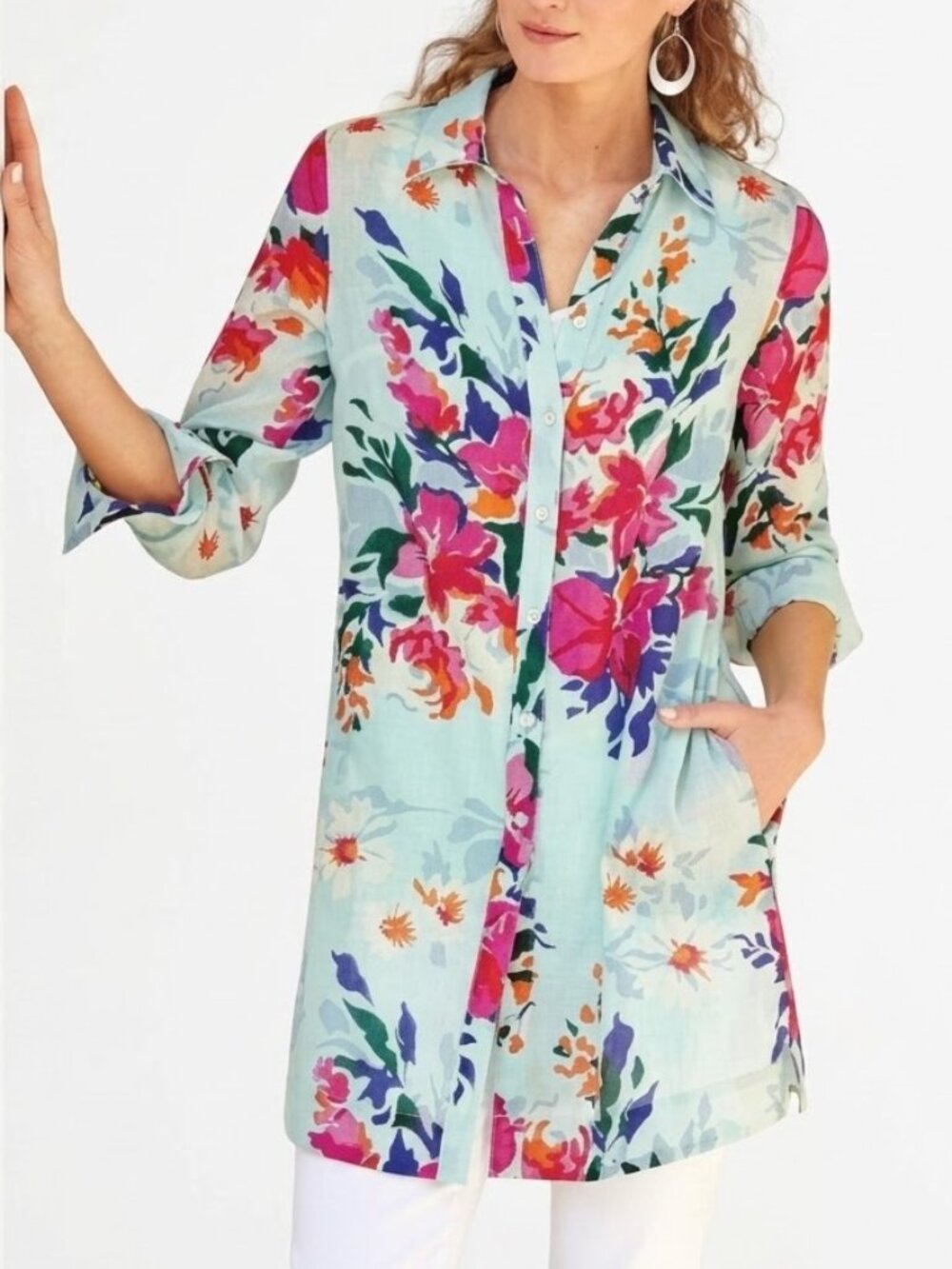 Soft Surroundings Aqua Lily Button Down Relaxed Fit Tunic Shirt Size Large